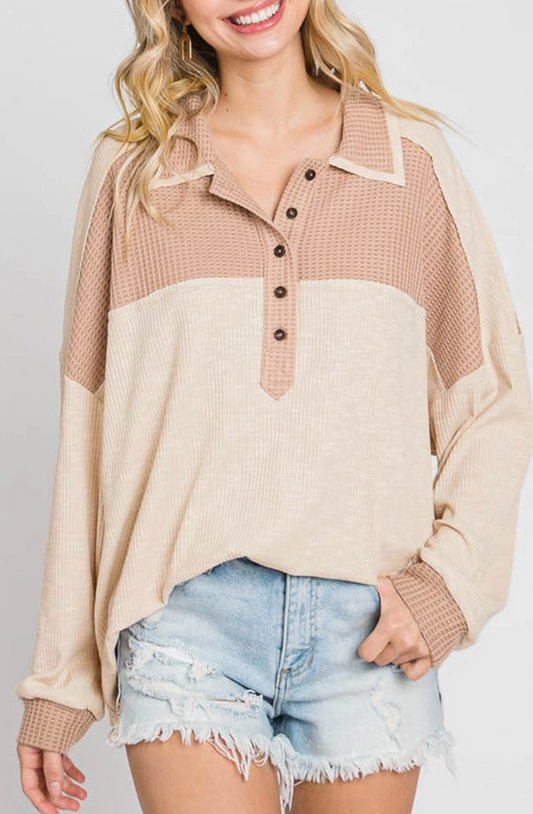 Waffle knit two-tone top